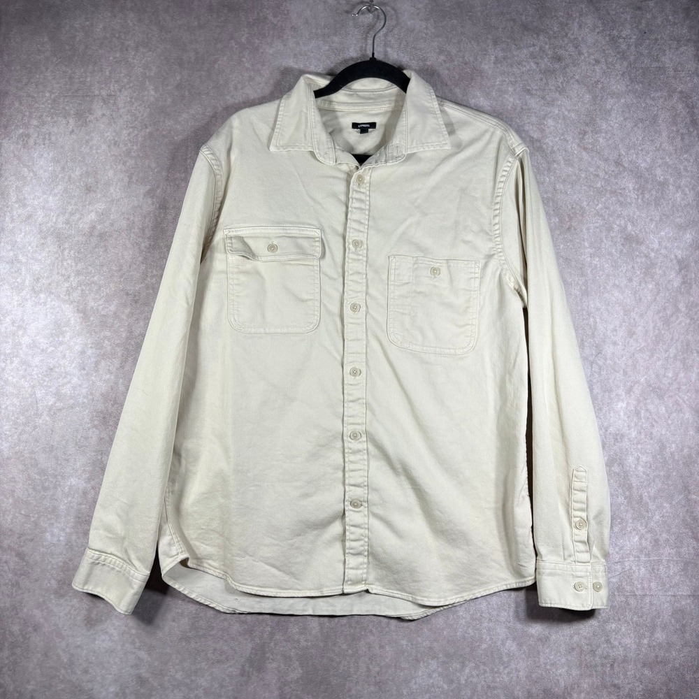 Express Shirt Mens Medium Tan Denim Button Up Long Sleeve Pockets Casual Thick